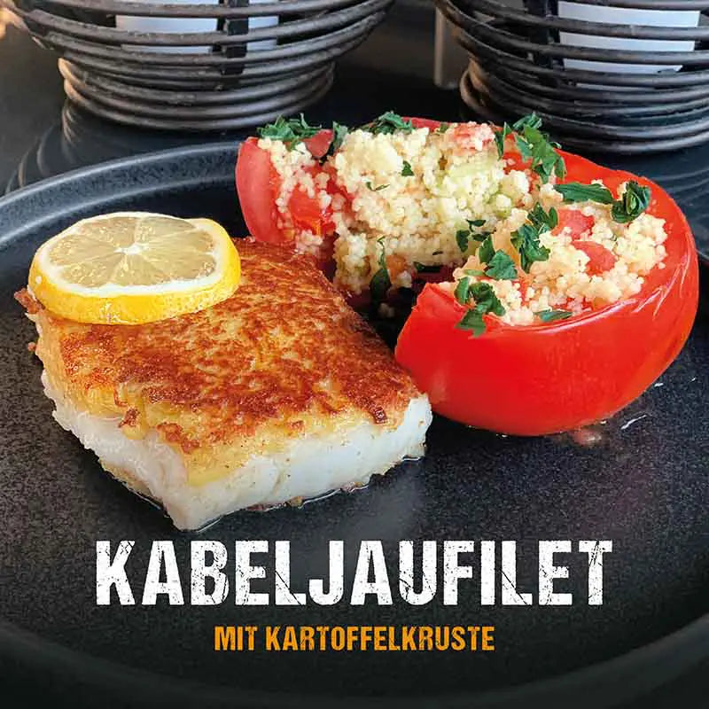 Kabeljaufilet mit Kartoffelkruste und gefüllten Tomaten