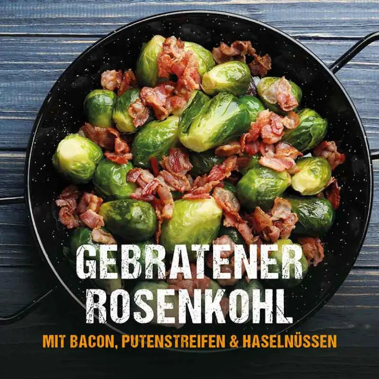 Gebratener Rosenkohl mit Bacon, Putenstreifen und Haselnüssen vom Grill